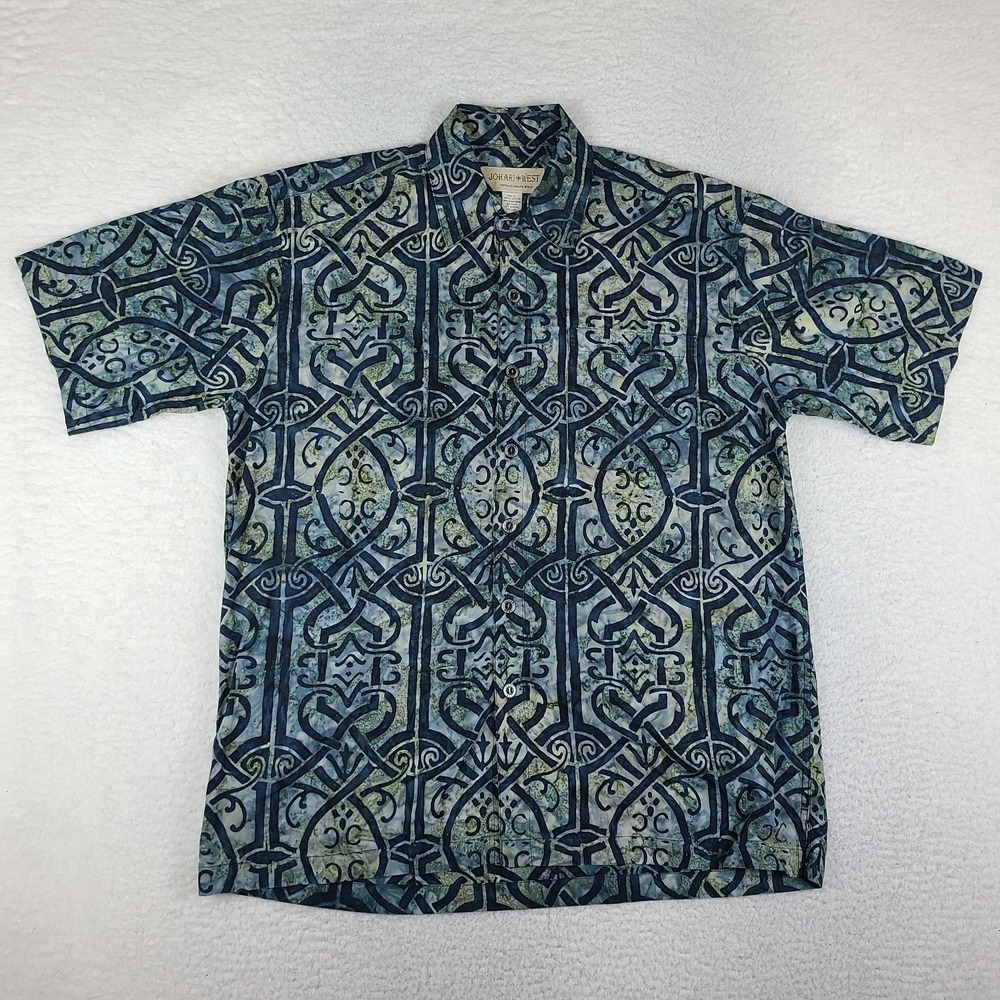 JOHARI WEST Shirt Mens Large Blue Green Aztec Cotton Preppy Hawaiian Button Up